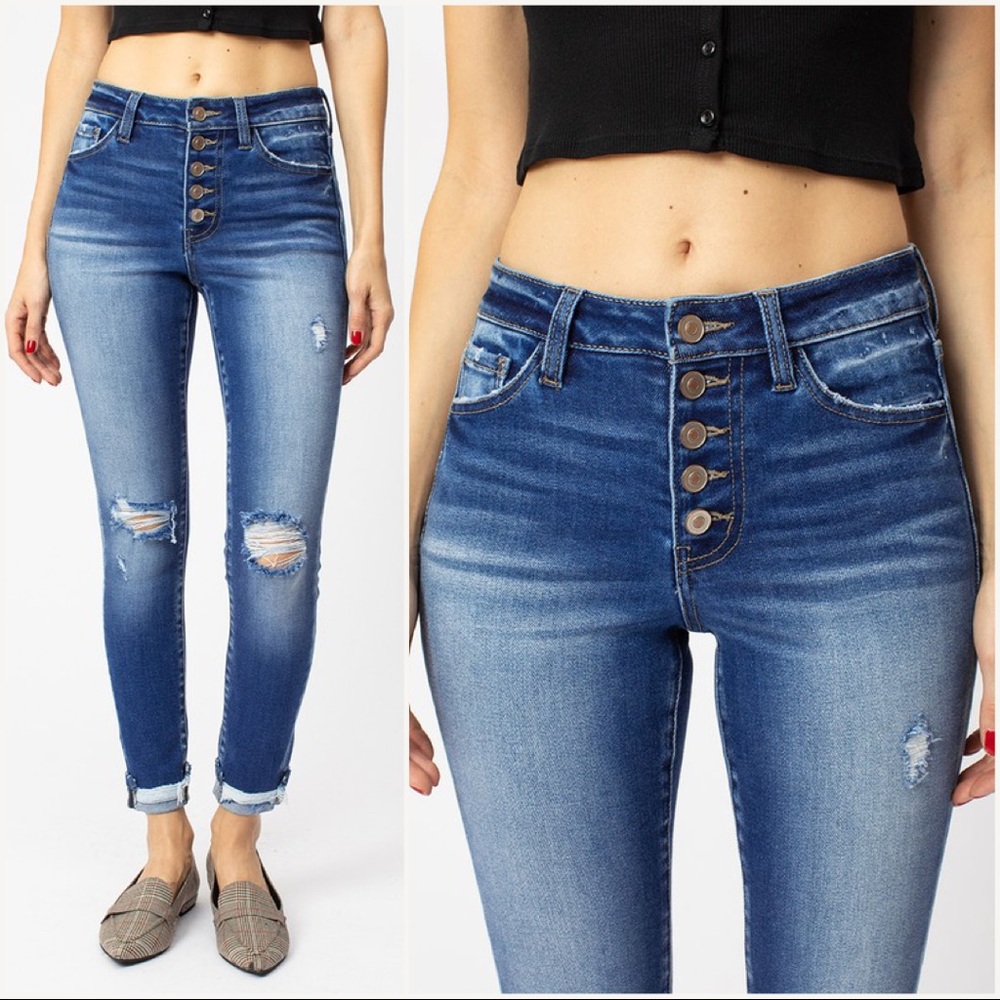 High Rise Button Fly Skinny Jeans - Picture 1 of 7